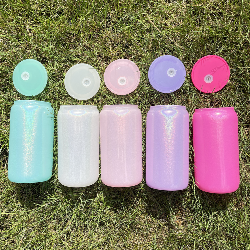 1PC Sample YIPAI USA Warehouse  5 Colors 16oz Shimmer Glitter Sublimation Glass Can with Color Lids and Clear Straw for Iced Coffee Beer Juice Soda