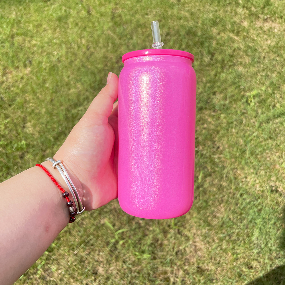 1PC Sample YIPAI USA Warehouse  5 Colors 16oz Shimmer Glitter Sublimation Glass Can with Color Lids and Clear Straw for Iced Coffee Beer Juice Soda
