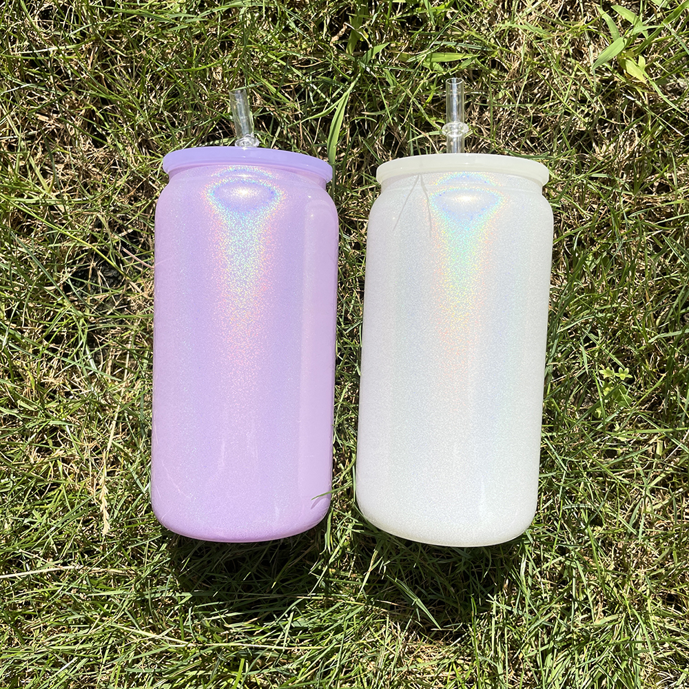 1PC Sample YIPAI USA Warehouse  5 Colors 16oz Shimmer Glitter Sublimation Glass Can with Color Lids and Clear Straw for Iced Coffee Beer Juice Soda