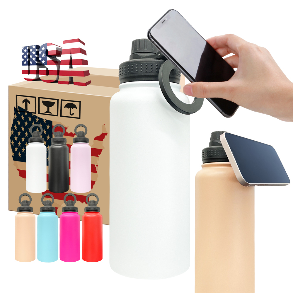 1PC Sample YIPAI USA Warehouse 7 Colors 32oz Powder Coated Mirror Copper Plated Underneath Water Bottle with Magnetic Phone Holder for Laser Engraving
