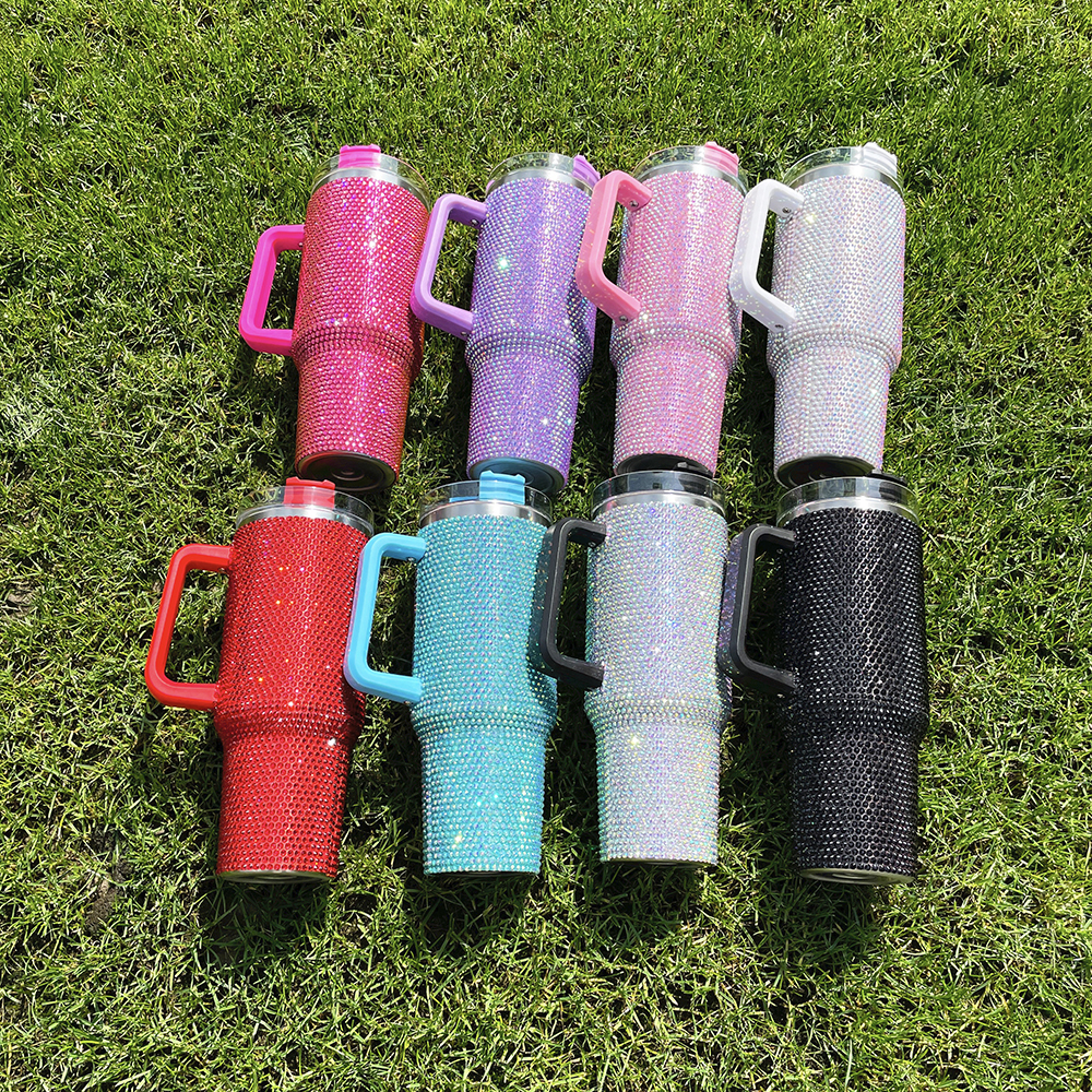 1PC Sample YIPAI USA Warehouse 8 Colors 40oz Bling Rhinestones LuxuriousTumblers With Lid and Straw Insulated Stainless Steel Double Wall Water Cup Travel Mug Water Bottle Tumblr For Women
