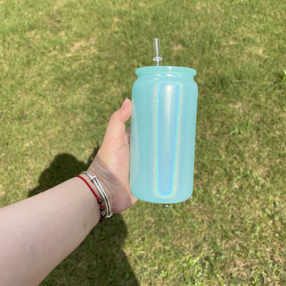1PC Sample YIPAI USA Warehouse  5 Colors 16oz Shimmer Glitter Sublimation Glass Can with Color Lids and Clear Straw for Iced Coffee Beer Juice Soda