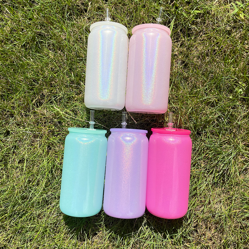 1PC Sample YIPAI USA Warehouse  5 Colors 16oz Shimmer Glitter Sublimation Glass Can with Color Lids and Clear Straw for Iced Coffee Beer Juice Soda