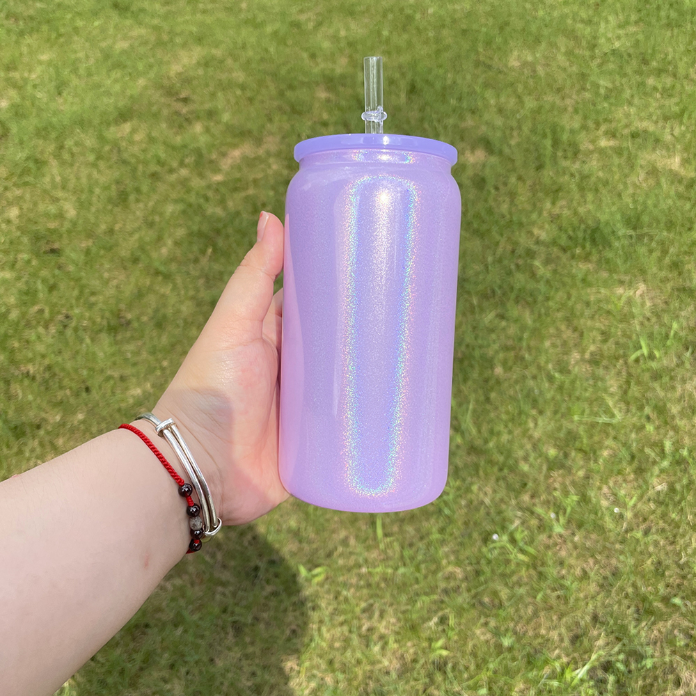1PC Sample YIPAI USA Warehouse  5 Colors 16oz Shimmer Glitter Sublimation Glass Can with Color Lids and Clear Straw for Iced Coffee Beer Juice Soda