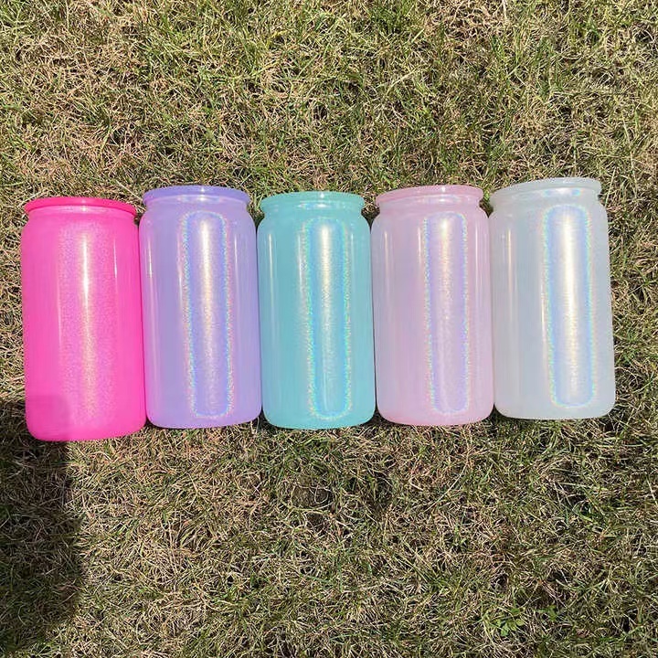 25 50 Pack YIPAI USA Warehouse 16oz Sublimation Blanks Colorful Rainbow Glitter Beer Glass Can