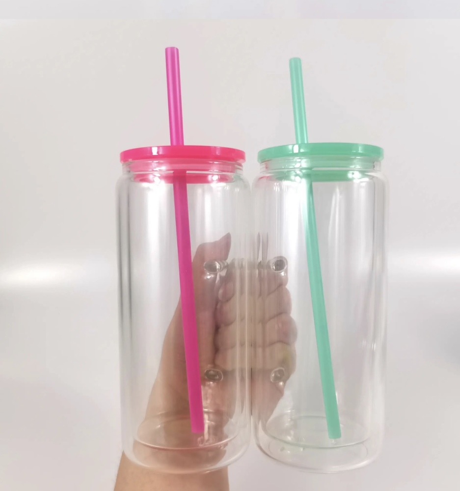 25 Pack YIPAI China Warehouse 15oz Double Walled Pre-Drilled Snow Globe Glass Mugs With Colorful Plastic Lids and Plug