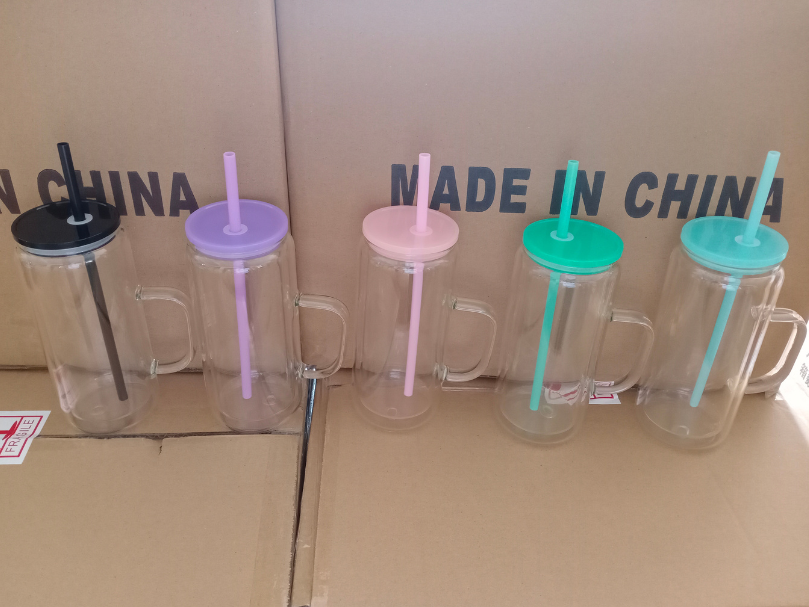 25 Pack YIPAI China Warehouse 15oz Double Walled Pre-Drilled Snow Globe Glass Mugs With Colorful Plastic Lids and Plug