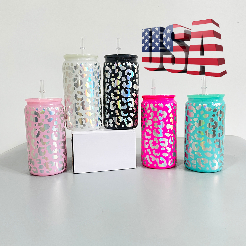 50 Pack YIPAI USA Warehouse 16oz Holographic Print Leopard Travel Glass Can With PP Lids Beer Can Shaped Drinkware