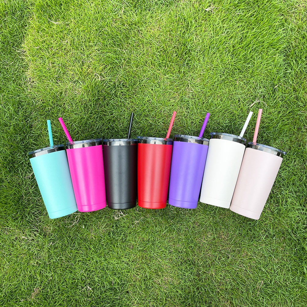 25 Pack YIPAI USA Warehouse Yeti Power Coated 20oz Cool Black Underneath Plated Car Tumblers With Colorful Straws
