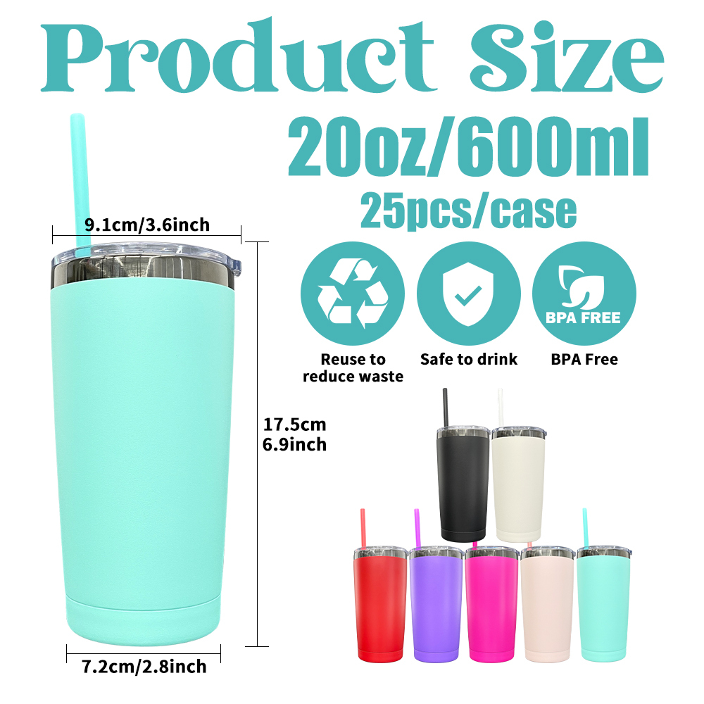 25 Pack YIPAI USA Warehouse Yeti Power Coated 20oz Cool Black Underneath Plated Car Tumblers With Colorful Straws