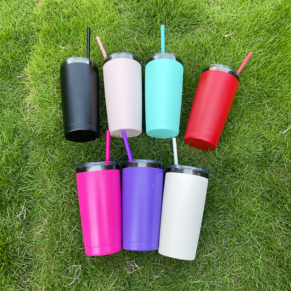 25 Pack YIPAI USA Warehouse Yeti Power Coated 20oz Cool Black Underneath Plated Car Tumblers With Colorful Straws