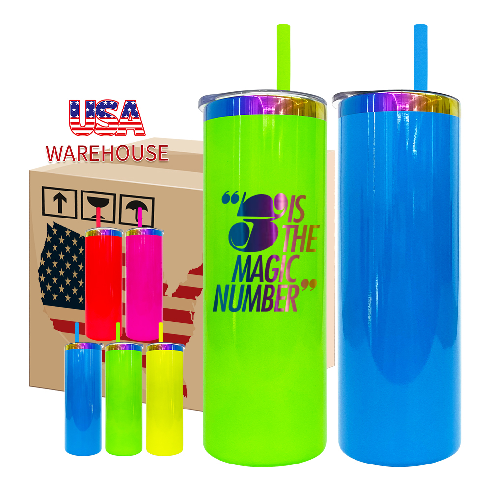 25 Pack YIPAI USA Warehouse 20oz Neon Colored Rainbow Underneath Skinny Straight Tumbler