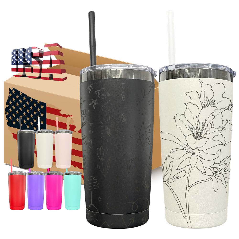25 Pack YIPAI USA Warehouse Yeti Power Coated 20oz Cool Black Underneath Plated Car Tumblers With Colorful Straws