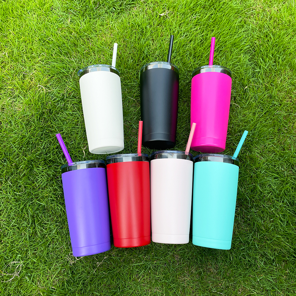 25 Pack YIPAI USA Warehouse Yeti Power Coated 20oz Cool Black Underneath Plated Car Tumblers With Colorful Straws