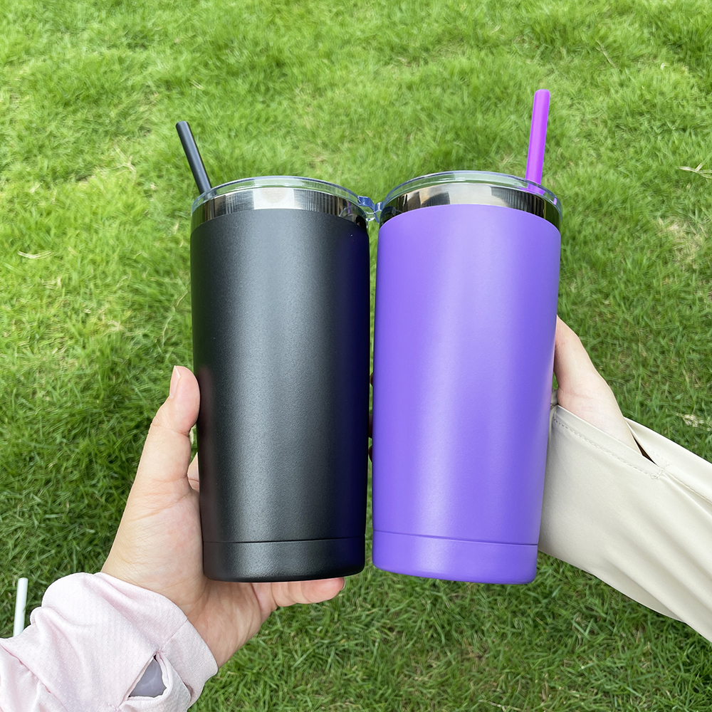 25 Pack YIPAI USA Warehouse Yeti Power Coated 20oz Cool Black Underneath Plated Car Tumblers With Colorful Straws
