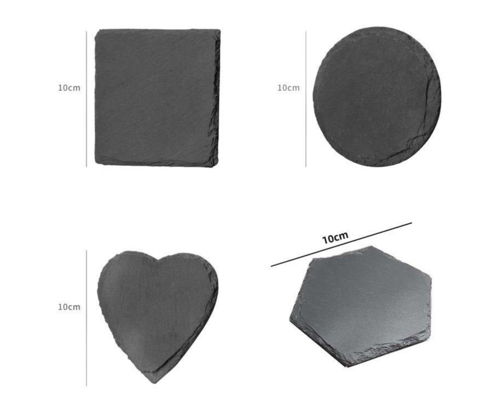 100pack Yipai China warehouse 10cm*10cm round square heart and hexagon shaped slate coaster for laser engraving