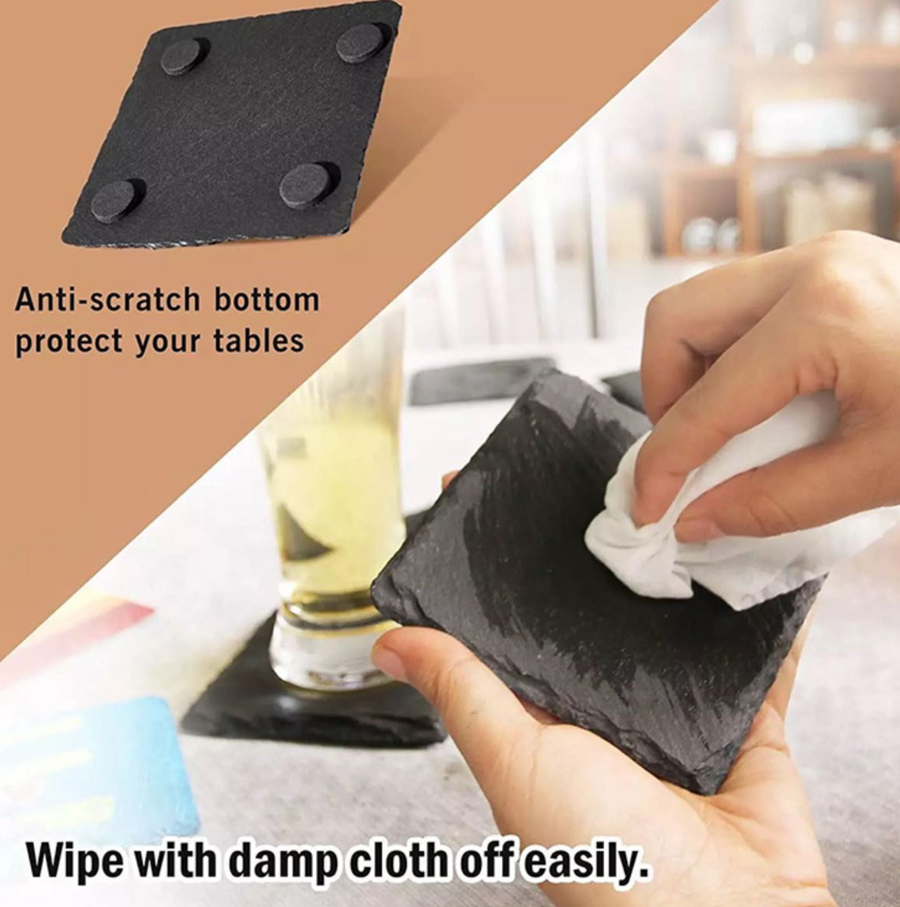100pack Yipai China warehouse whoelsale blanks 10cm*10cm round square heart and hexagon shaped slate coaster for laser engraving，come with anti-scratch bottom to protect your tables