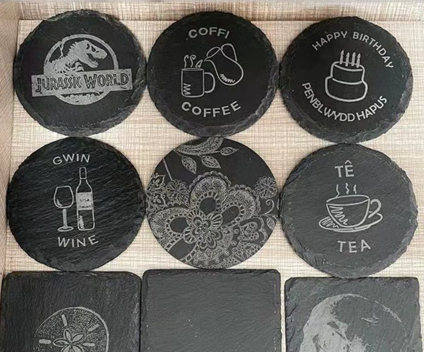100pack Yipai China warehouse 10cm*10cm round square heart and hexagon shaped slate coaster for laser engraving