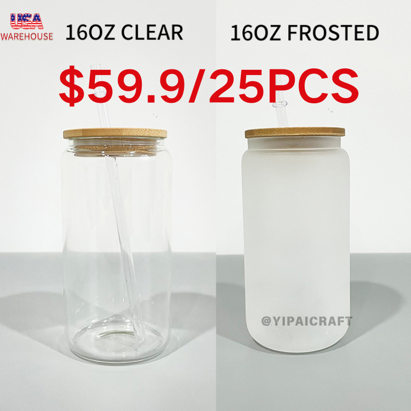 25 Pack 50Pack YIPAI USA Warehouse 16oz Sublimation Blanks Clear Frosted Beer Glass Can With Bamboo Lid And Plastic Straw
