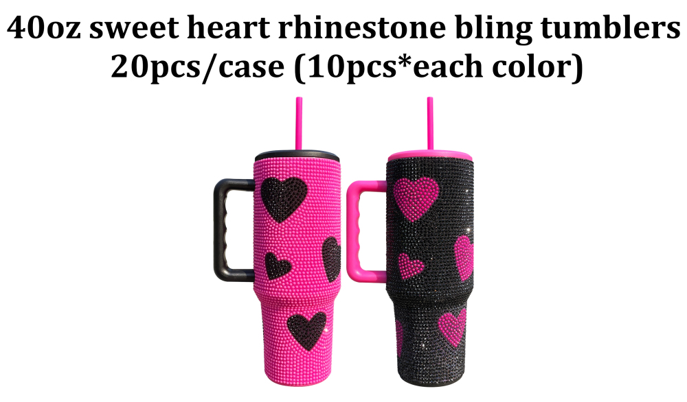 20 Pack YIPAI China Warehouse Hot Pink Black 40oz Sweet Heart Print Bling Rhinestone Tumblers Ship Out Within 2 Weeks