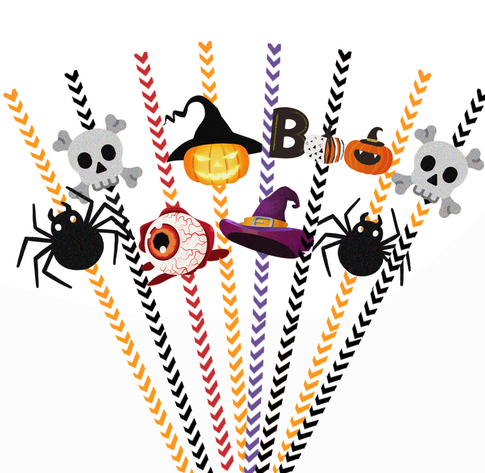6pcs set 144pack Yipai China Warehouse 144 Pcs Halloween Paper Straws,Skull Spider Eyeball Pumpkin Pattern South Striped halloween Party Straws for Juices,Milkshakes,Coffee