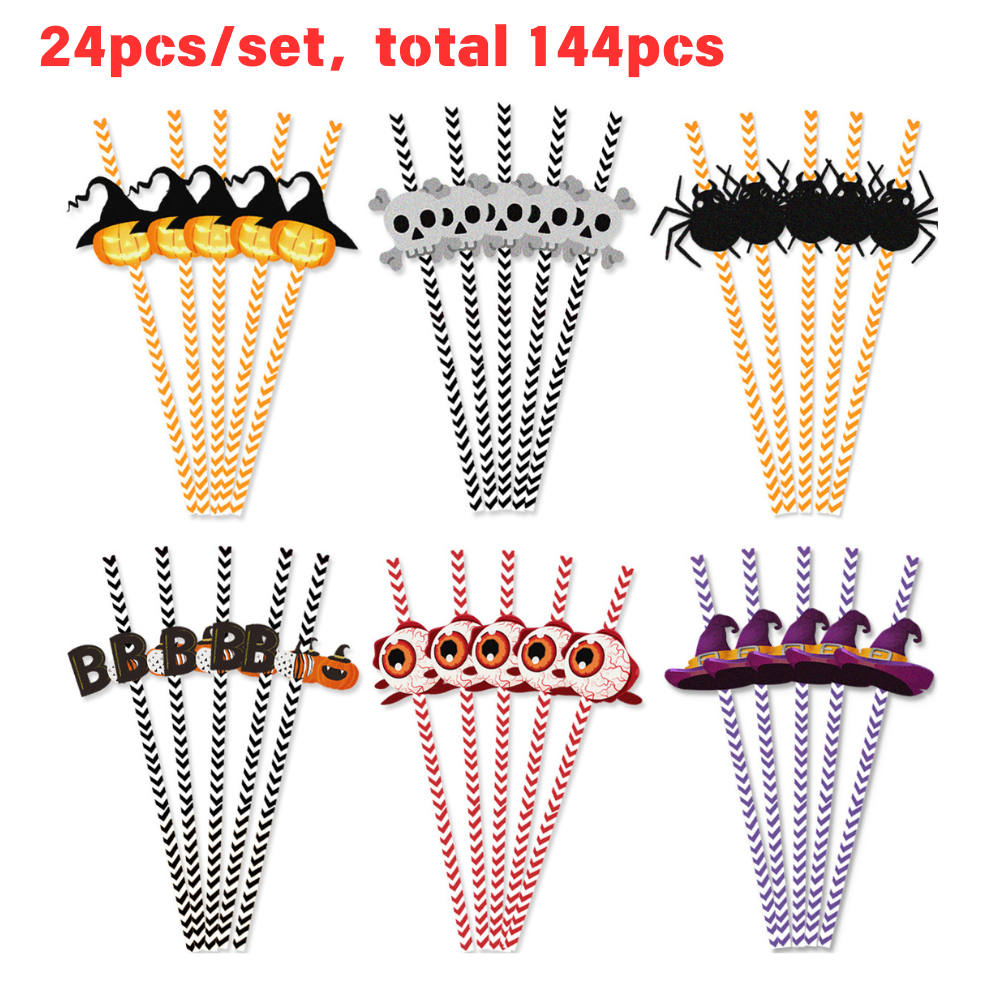 6pcs set 144pack Yipai China Warehouse 144 Pcs Halloween Paper Straws,Skull Spider Eyeball Pumpkin Pattern South Striped halloween Party Straws for Juices,Milkshakes,Coffee