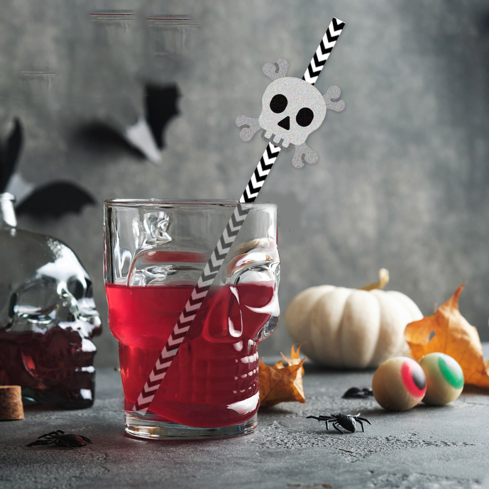 6pcs set 144pack Yipai China Warehouse 144 Pcs Halloween Paper Straws,Skull Spider Eyeball Pumpkin Pattern South Striped halloween Party Straws for Juices,Milkshakes,Coffee