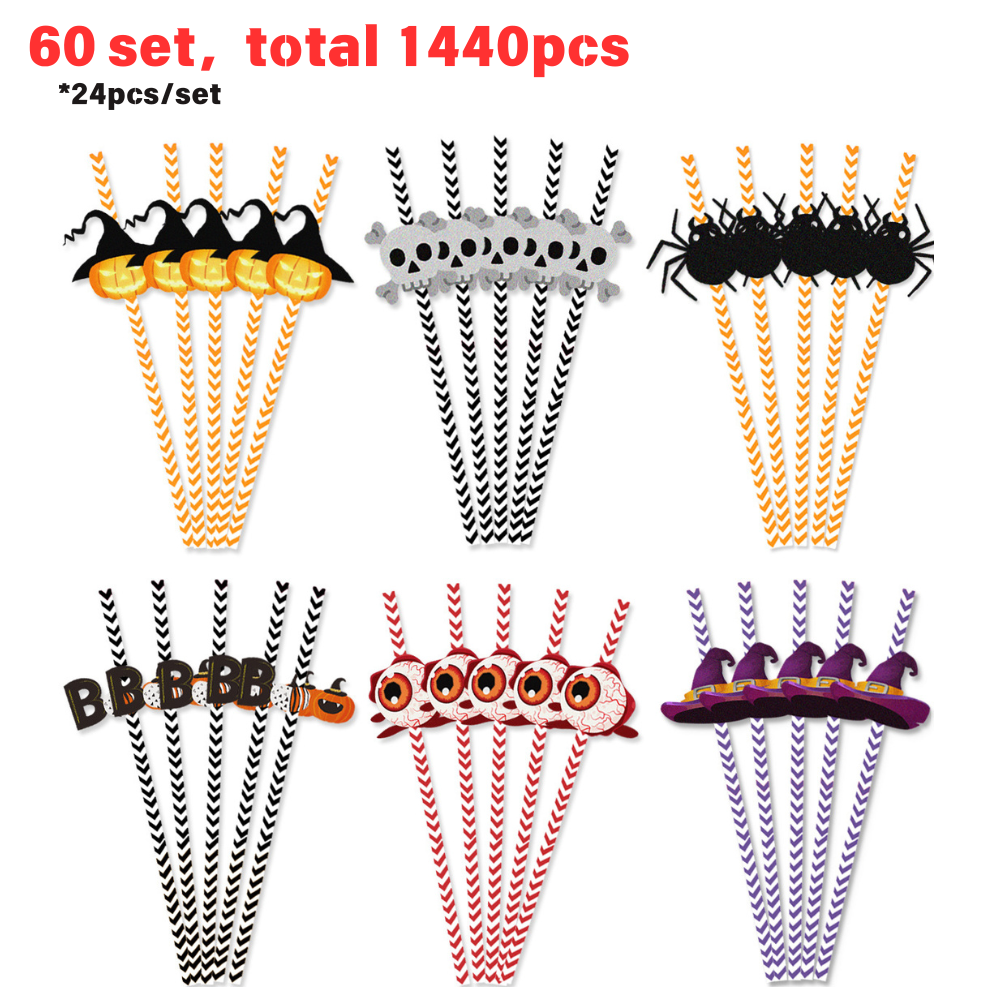 6pcs set 144pack Yipai China Warehouse 144 Pcs Halloween Paper Straws,Skull Spider Eyeball Pumpkin Pattern South Striped halloween Party Straws for Juices,Milkshakes,Coffee