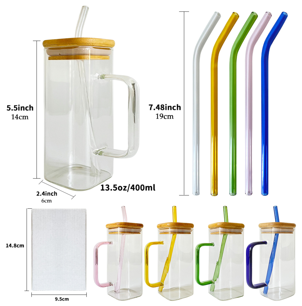 25 Pack YIPAI 13.5oz Square Glass Mugs With Handle And Bamboo Lid For UV DTF Wraps and Vinyl