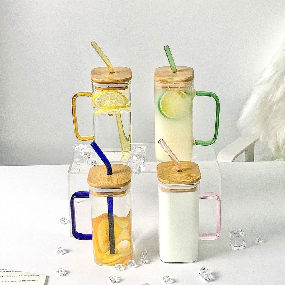 25 Pack YIPAI 13.5oz Square Glass Mugs With Handle And Bamboo Lid For UV DTF Wraps and Vinyl