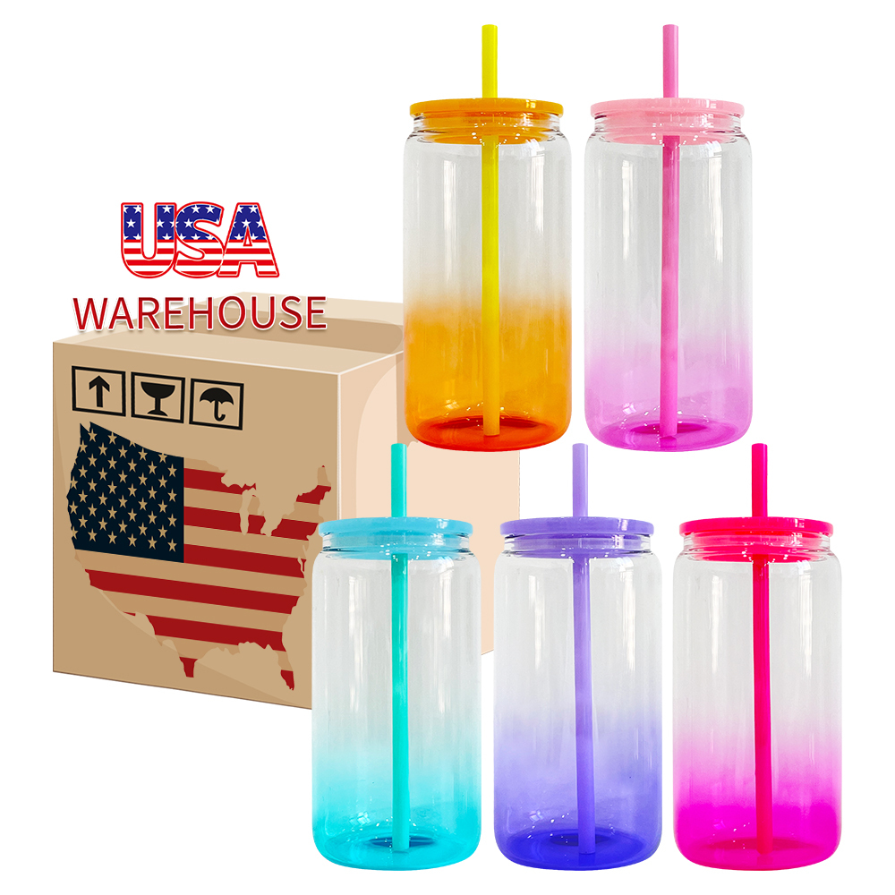 25 Pack 50 Pack YIPAI USA Warehouse Sublimation 16oz Ombre Jelly Glass Can With Plastic Lids