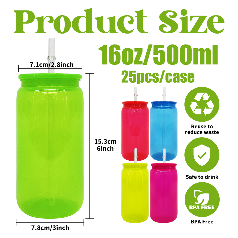 50 Pack YIPAI USA Warehouse 16oz Bright Neon Color Plastic Can Same Size As Glass Can For UV DTF Wraps