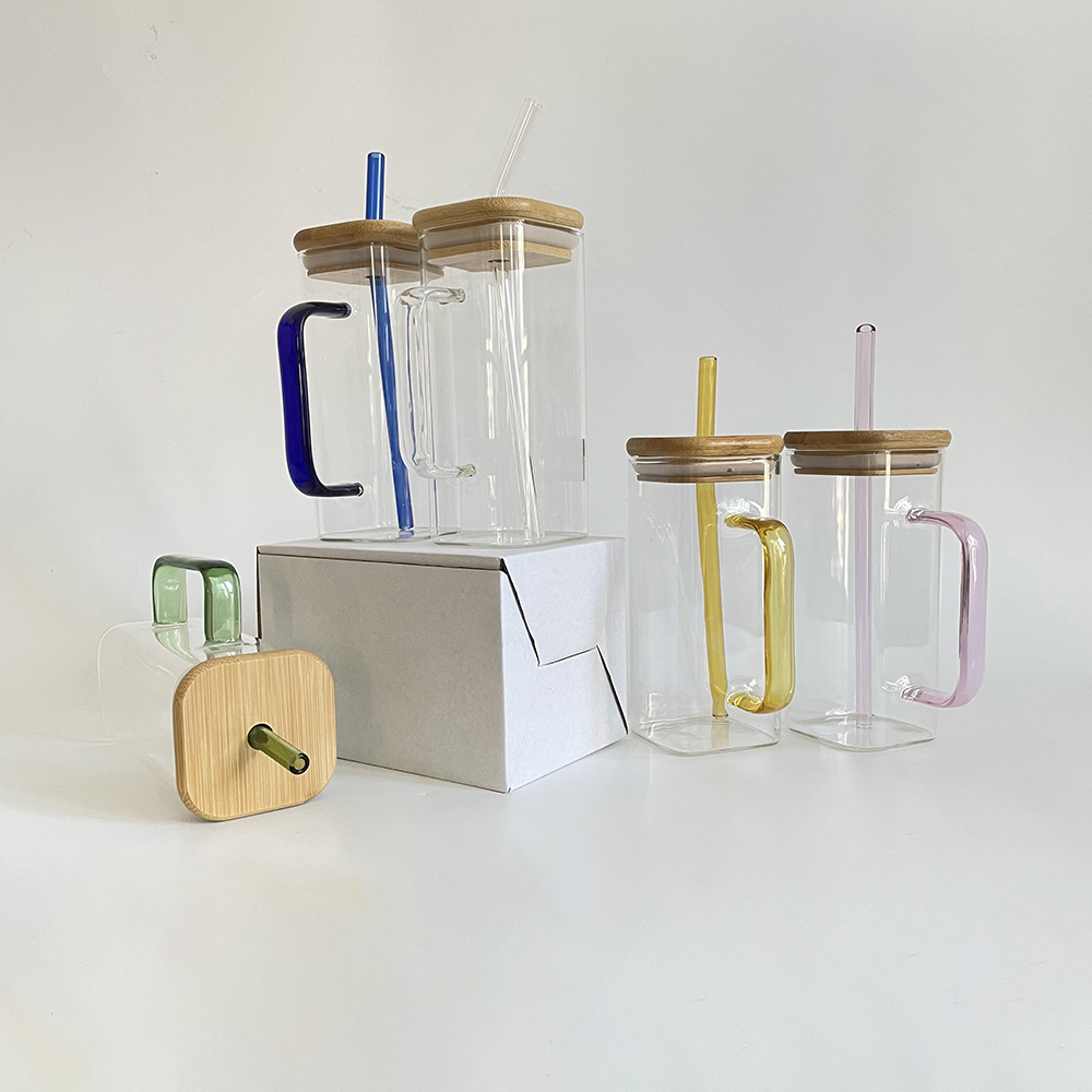 25 Pack YIPAI 13.5oz Square Glass Mugs With Handle And Bamboo Lid For UV DTF Wraps and Vinyl