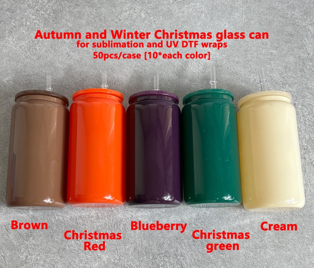 25 50 Pack China Warehouse Autumn&Winter Maillard Color Glass Can for Sublimation and UV DTF Wraps