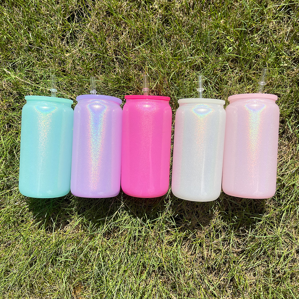 1PC Sample YIPAI USA Warehouse  5 Colors 16oz Shimmer Glitter Sublimation Glass Can with Color Lids and Clear Straw for Iced Coffee Beer Juice Soda