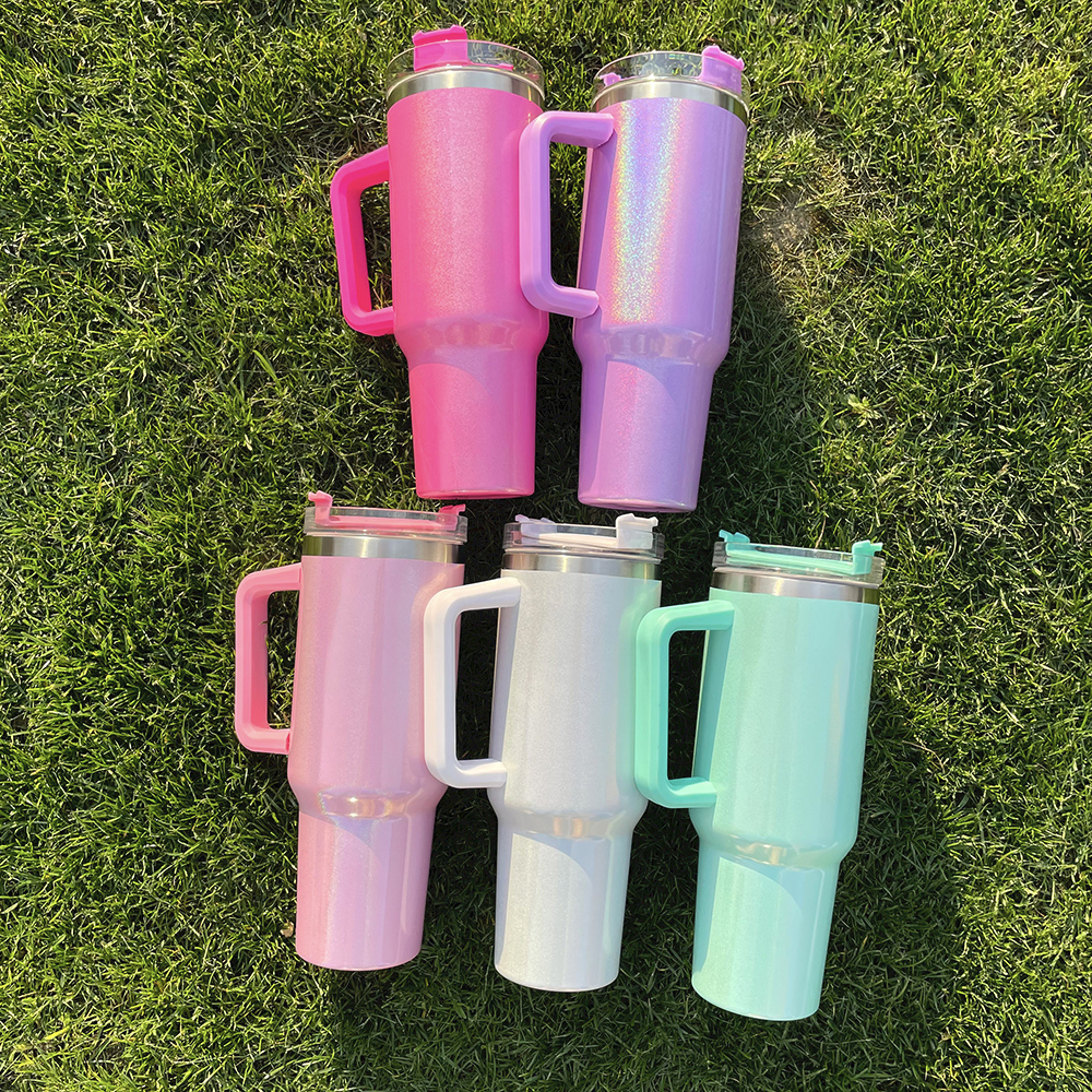 25 Pack YIPAI USA Warehouse H1.0 40oz Sublimation Blanks Colorful Rainbow Shimmer Glitter Travel Mug Tumbler With Handle Sold by Case