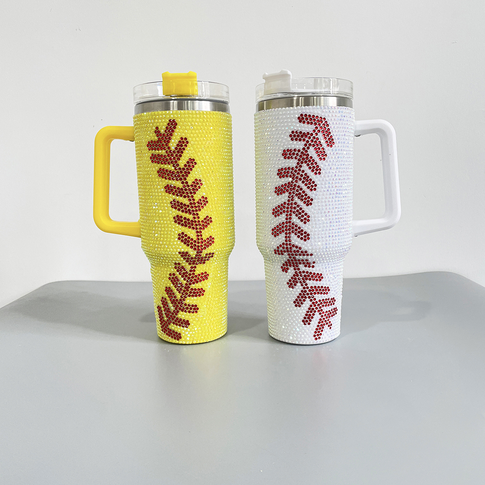 20 Pack YIPAI USA Warehouse 40oz Baseball Yellow and White Bling Rhinestone Tumblers