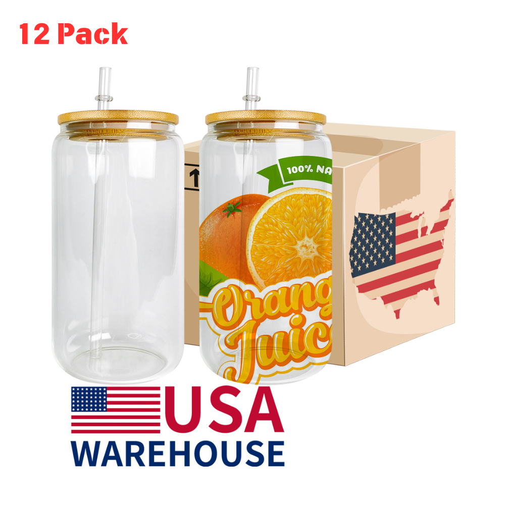 6 Pack 8 Pack 12Pack YIPAI USA Warehouse 16oz Blank Sublimation Clear Beer Glass Can With Bamboo Lid And Plastic Straw