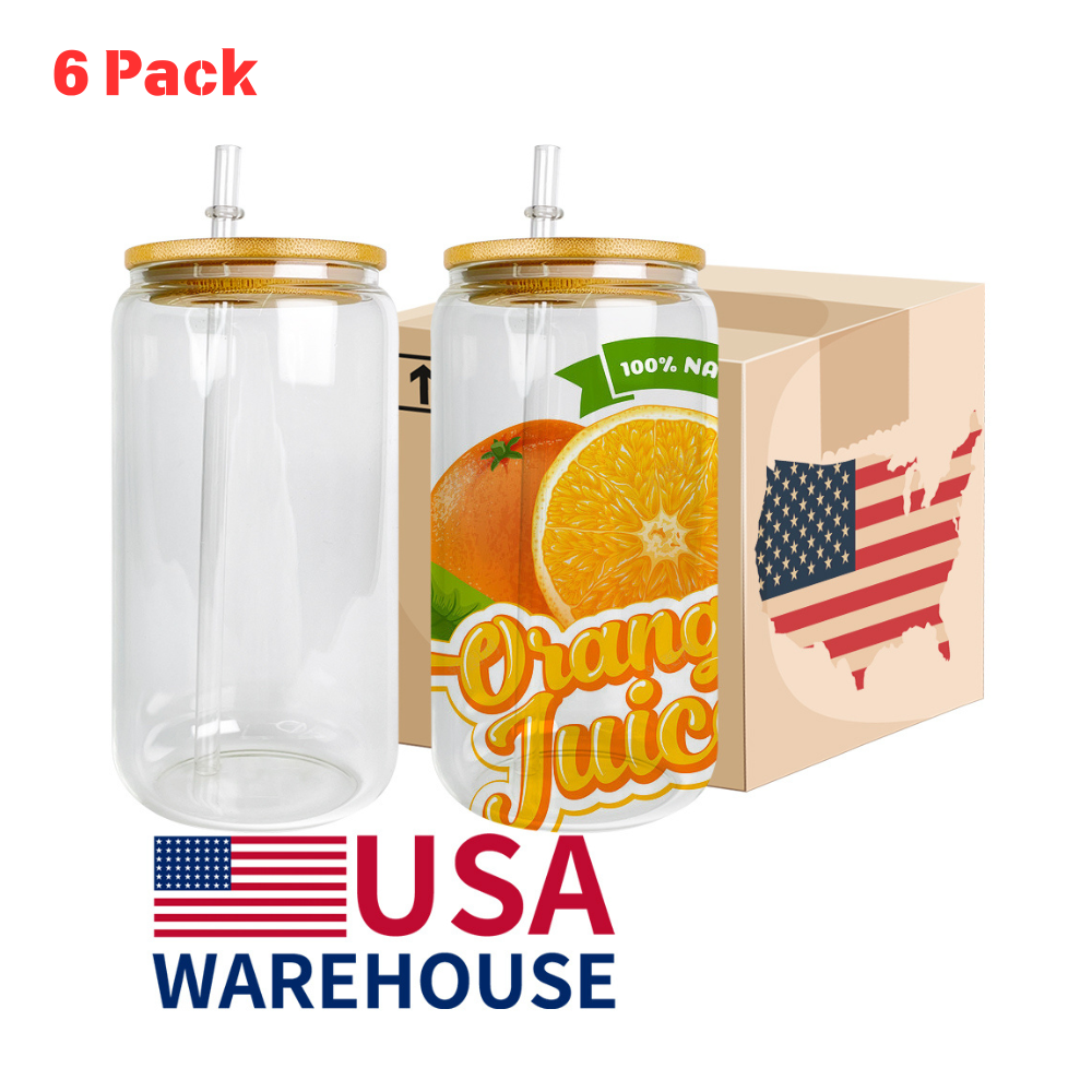 6 Pack 8 Pack 12Pack YIPAI USA Warehouse 16oz Blank Sublimation Clear Beer Glass Can With Bamboo Lid And Plastic Straw