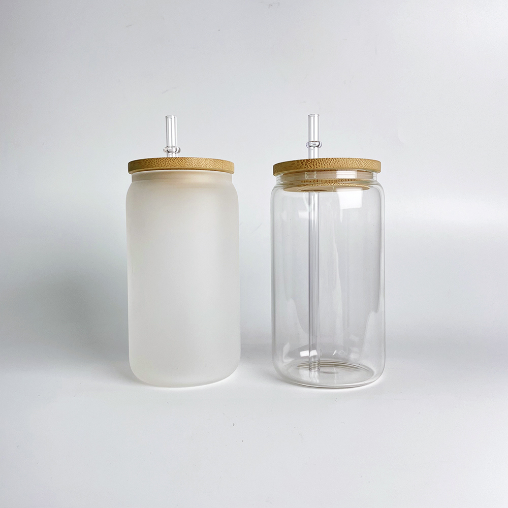 25 Pack 50Pack YIPAI USA Warehouse 16oz Sublimation Blanks Clear Frosted Beer Glass Can With Bamboo Lid And Plastic Straw