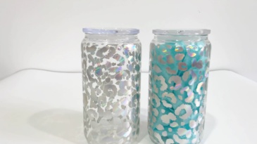 50 Pack YIPAI USA Warehouse 16oz Clear Holographic Print Leopard Travel Glass Can With PP Lids