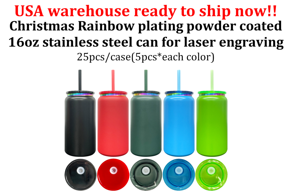 25 Pack YIPAI USA Warehouse Christmas 16oz Rainbow Plated Vacuum Insulated Stainless Steel Can for Laser Engraving