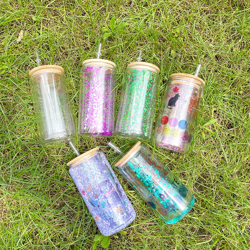 25 Pack YIPAI China Warehouse 12oz 15oz 20oz Sublimation Blanks Pre Drilled Snow Globe Double Wall Glass Can With Bamboo Lid And Plastic Straw