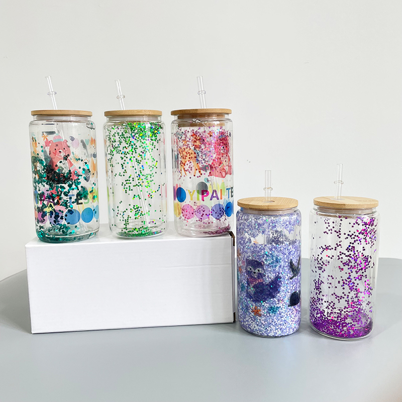25 Pack YIPAI China Warehouse 12oz 15oz 20oz Sublimation Blanks Pre Drilled Snow Globe Double Wall Glass Can With Bamboo Lid And Plastic Straw