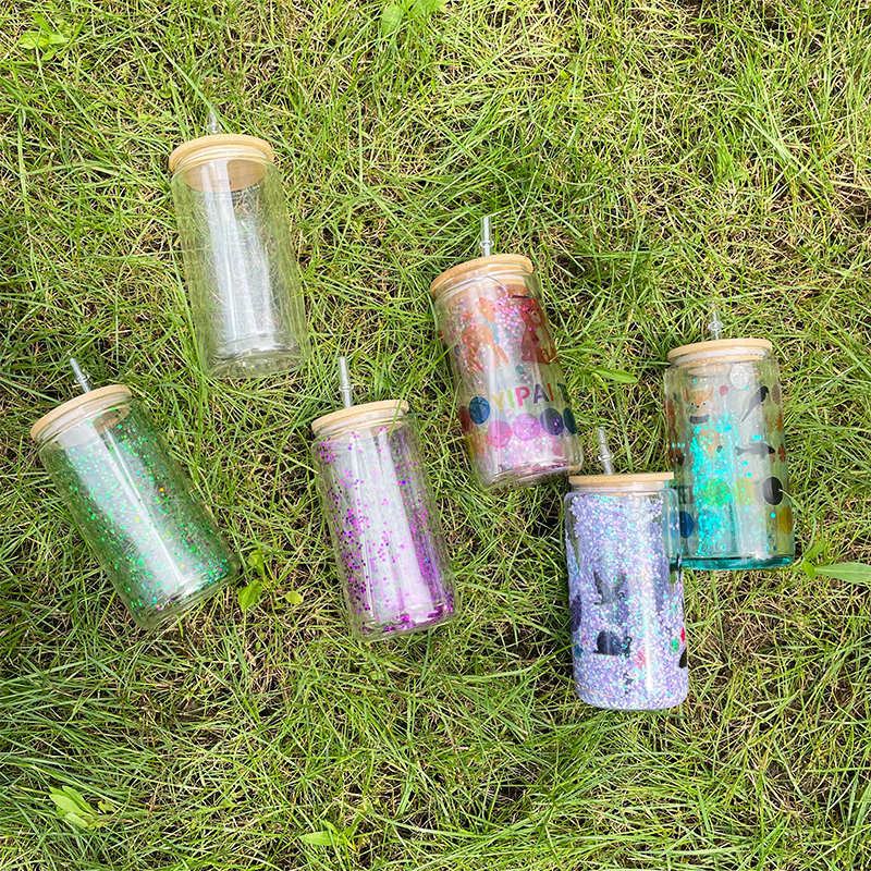 25 Pack YIPAI China Warehouse 12oz 15oz 20oz Sublimation Blanks Pre Drilled Snow Globe Double Wall Glass Can With Bamboo Lid And Plastic Straw