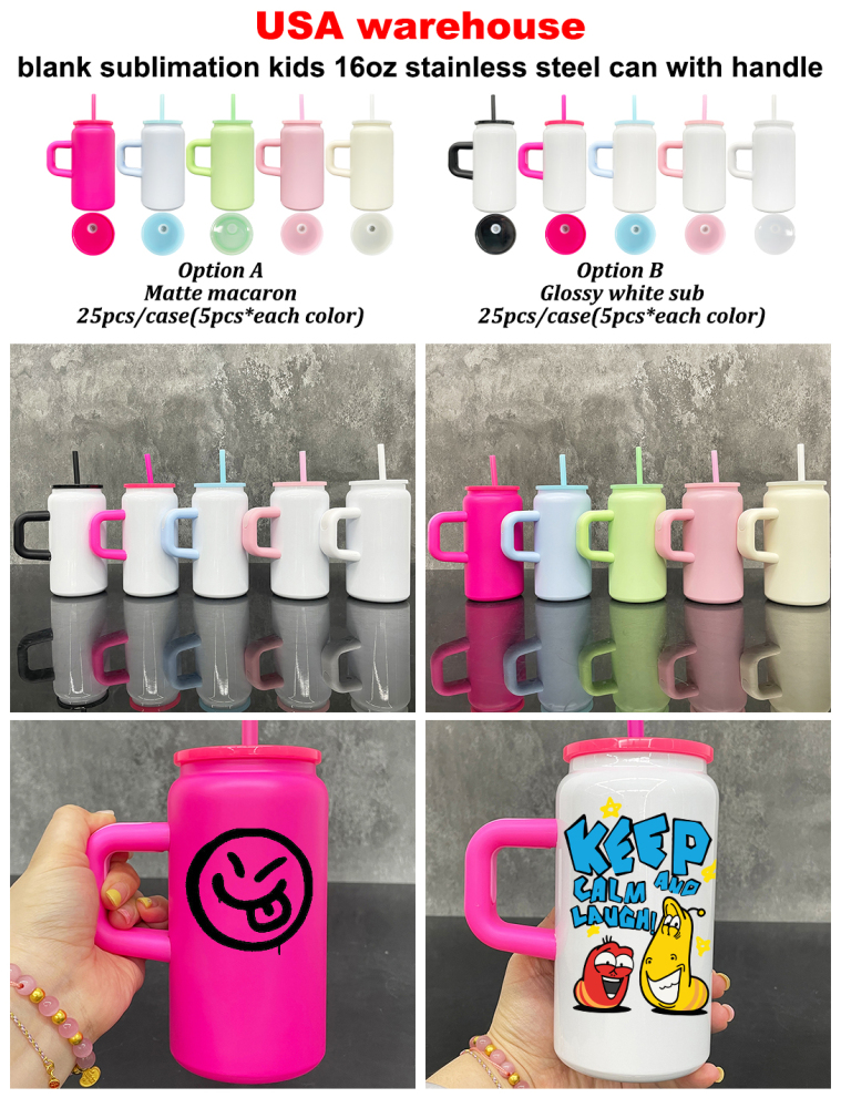 25 Pack Yipai USA Warehouse 16oz Blank Sublimation Matt Macaron and Glossy White Color Stainless Steel Can with Handle