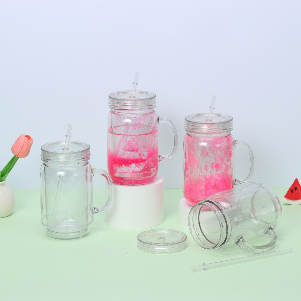 25 Pack YIPAI China Warehouse New Style 20oz Pre-drilled Snow Globe Plastic Mason Jars with Handles and Plug Acrylic Mugs for DIY Glitters