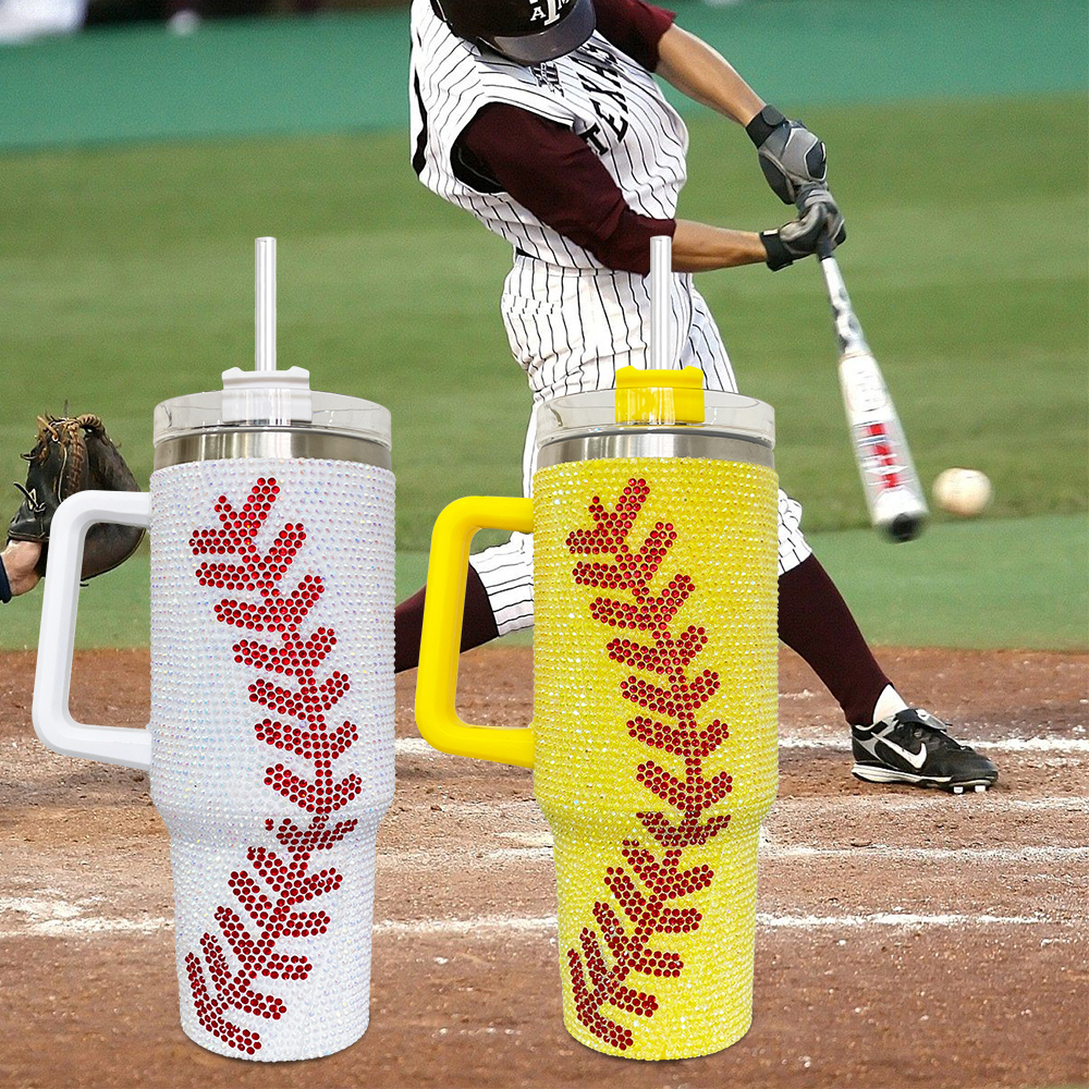 20 Pack YIPAI USA Warehouse 40oz Baseball Yellow and White Bling Rhinestone Tumblers