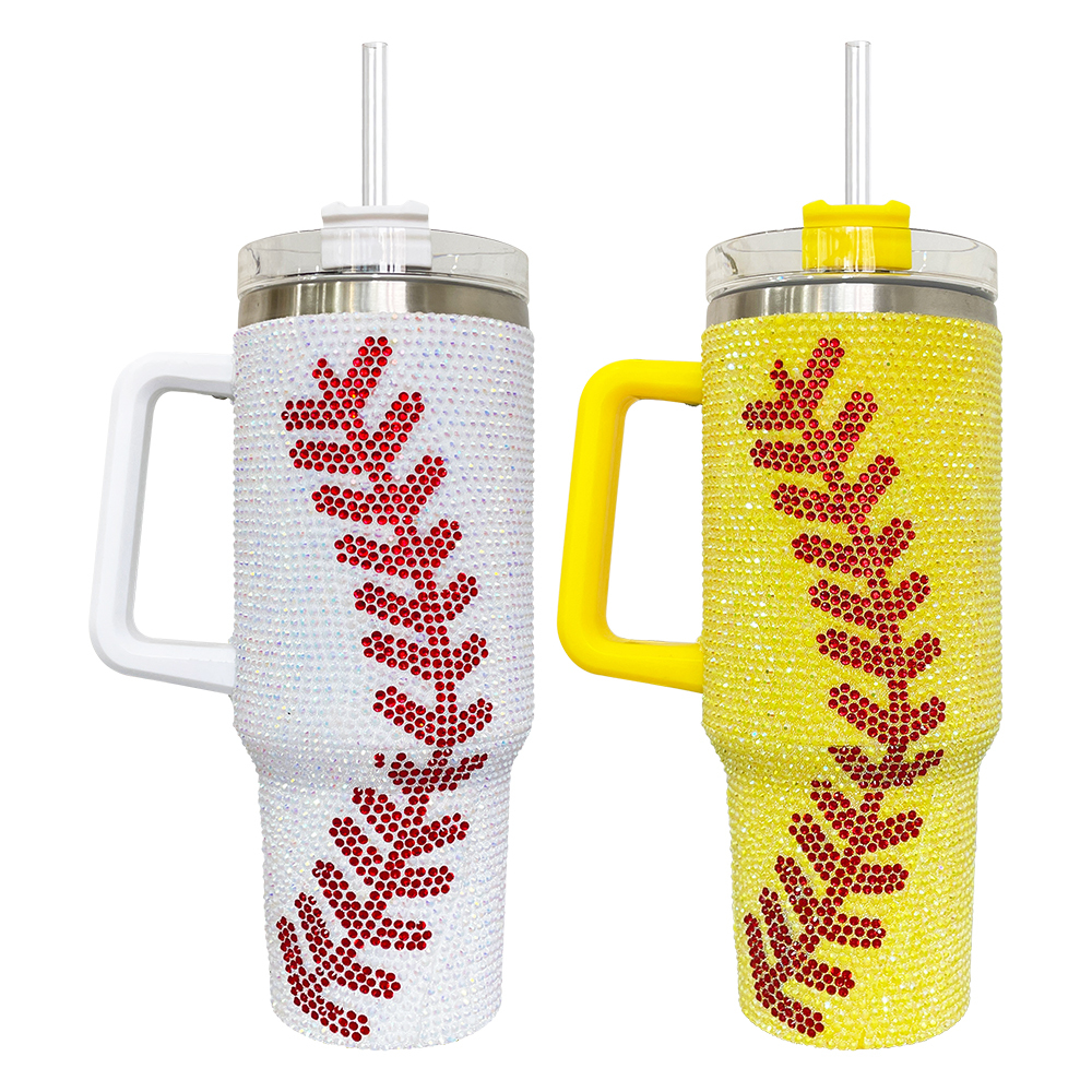 20 Pack YIPAI USA Warehouse 40oz Baseball Yellow and White Bling Rhinestone Tumblers