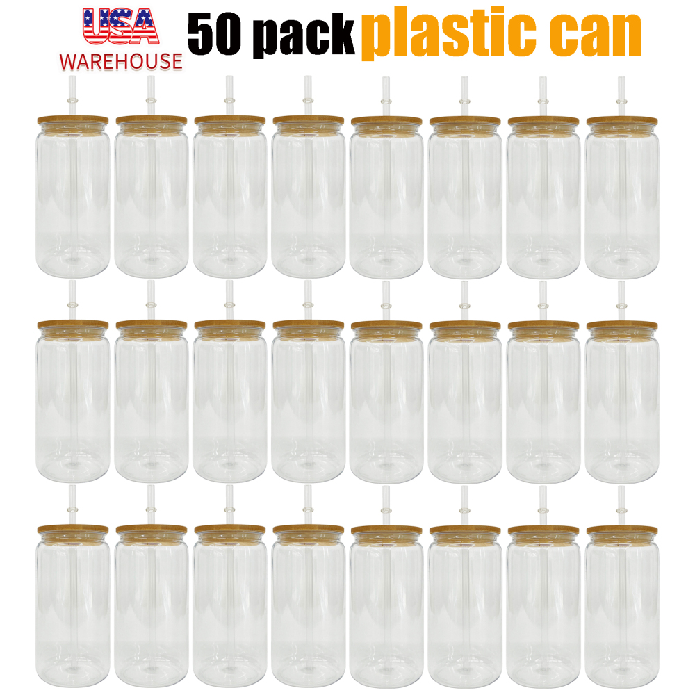 50 Pack YIPAI USA Warehouse Clear Plastic Cup with Bamboo Lids Same Shape As 16oz Glass Can